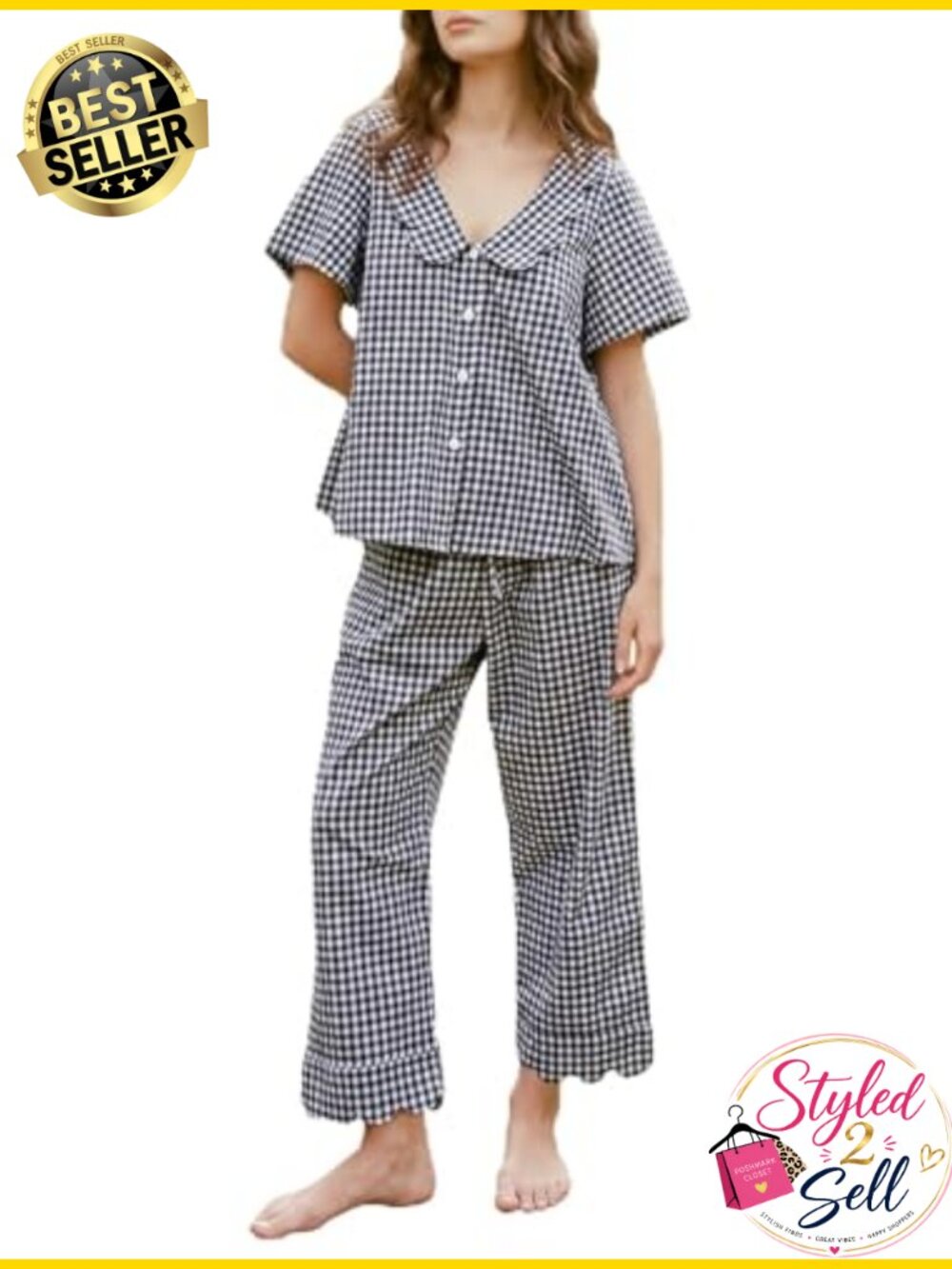 Womens Gingham Pajama Set 2 Piece Cotton Pjs Scalloped Babydoll Shirt Wide Leg